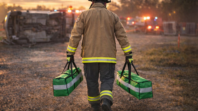 Firefighter carrying 2 Mighty Strut bags to the scene of a car crash