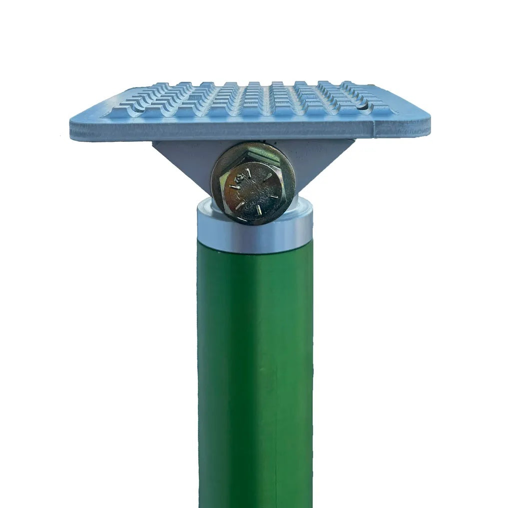 Mighty Strut 5x5 shoring head installed on a green Mighty Strut Extension pole